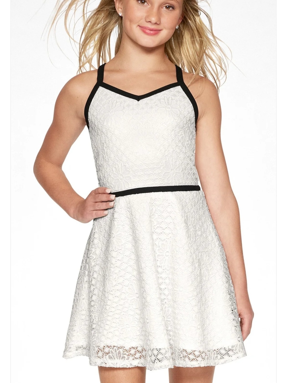 Sally Miller White Lace Fit-and-Flare Dress with Black Trim